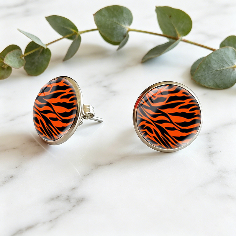 Orange Tiger Stripes Stud Earrings, Round Glass Dome